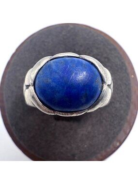 Sterling Silver 925 Cabochon Lapis Lazuli Scroll Design Statement Ring Size 7.75